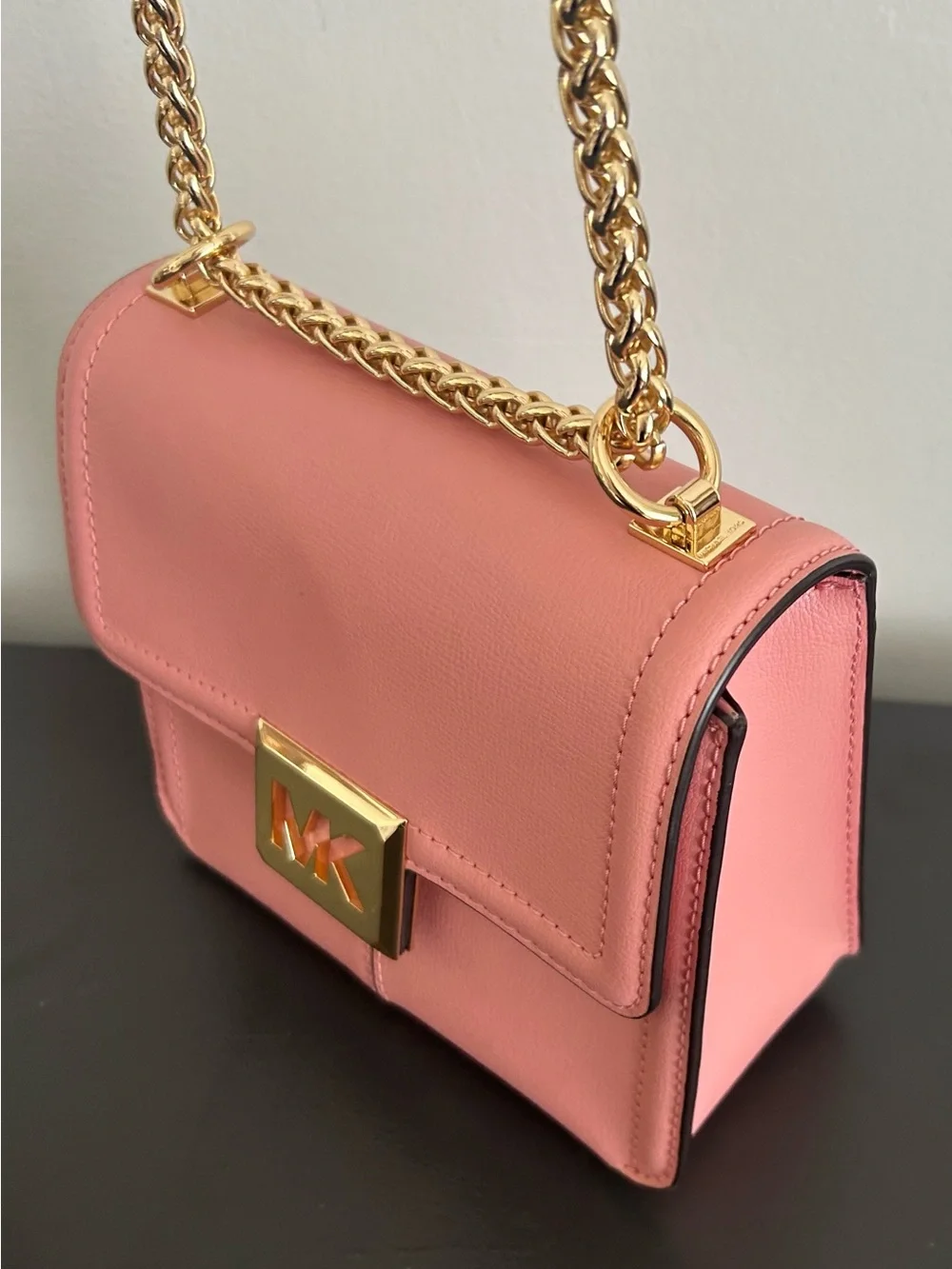Michael Kors Pink Leather Chain Crossbody Shoulder Bag Gold MK Turn Lock purse